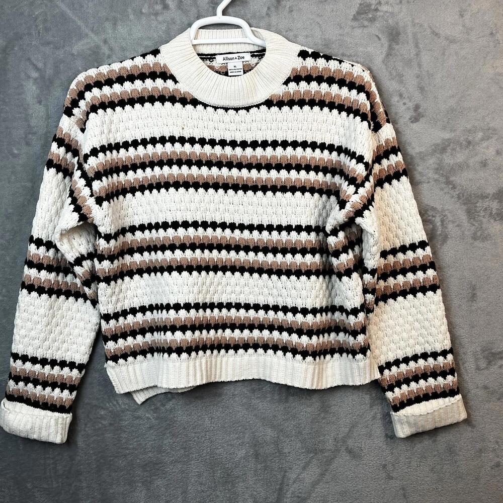 Allison+Zoe Womens Knit Sweater Size XL Light Academia Striped Ribbed Neck Line‎